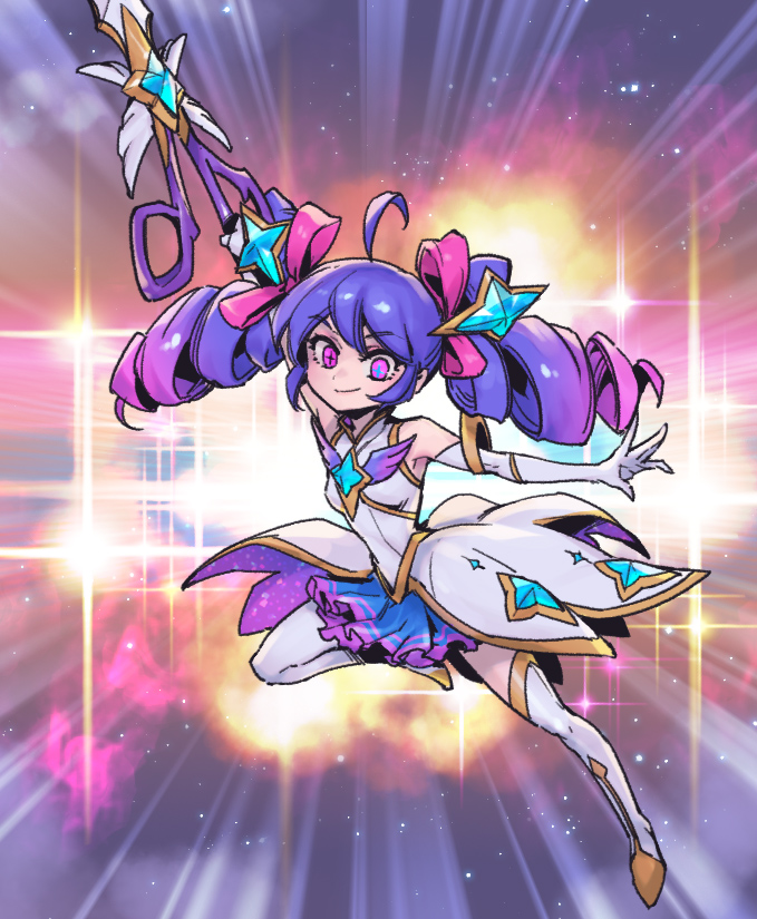 1girl, ahoge, arm_up, boots, bow, breasts, dress, foot_up, gloves, green_skirt, gwen_(league_of_legends), hair_bow, holding, holding_scissors, league_of_legends, long_hair, multicolored_background, official_alternate_costume, oversized_object, phantom_cross, pink_bow, pink_eyes, pink_hair, pink_skirt, scissors, skirt, small_breasts, smile, star_guardian_gwen, thigh_boots, twintails, white_dress, white_footwear, white_gloves