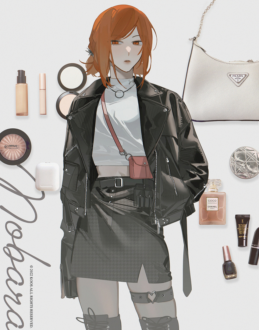 1girl, bag, black_boots, black_jacket, black_pantyhose, black_skirt, boots, bottle, brown_eyes, brown_hair, chanel, hand_in_pocket, handbag, highres, jacket, jewelry, jujutsu_kaisen, k00s, kugisaki_nobara, leather, leather_jacket, looking_at_viewer, makeup, necklace, pantyhose, perfume_bottle, prada_(brand), skirt, solo, sweater, swept_bangs, thigh_boots, thigh_strap, white_sweater, yves_saint_laurent