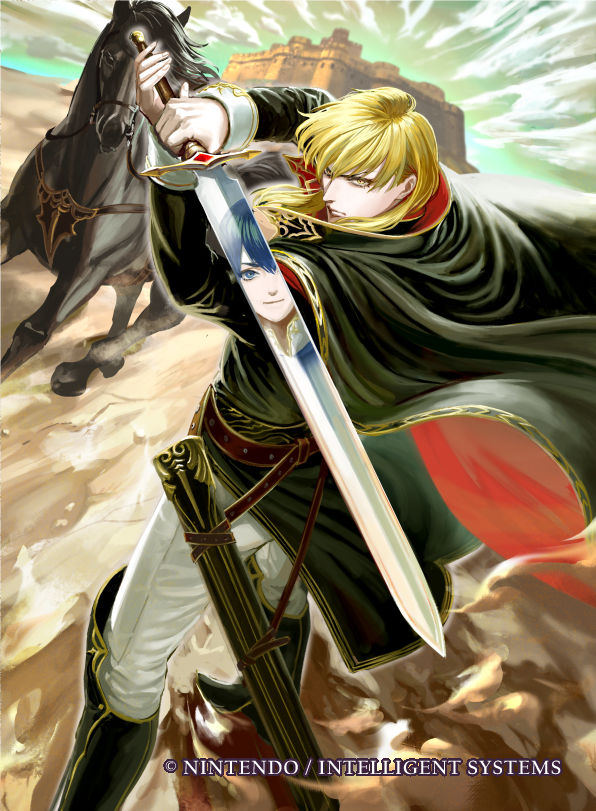 2boys, ares_(fire_emblem), belt, black_cape, black_footwear, black_jacket, blonde_hair, blue_eyes