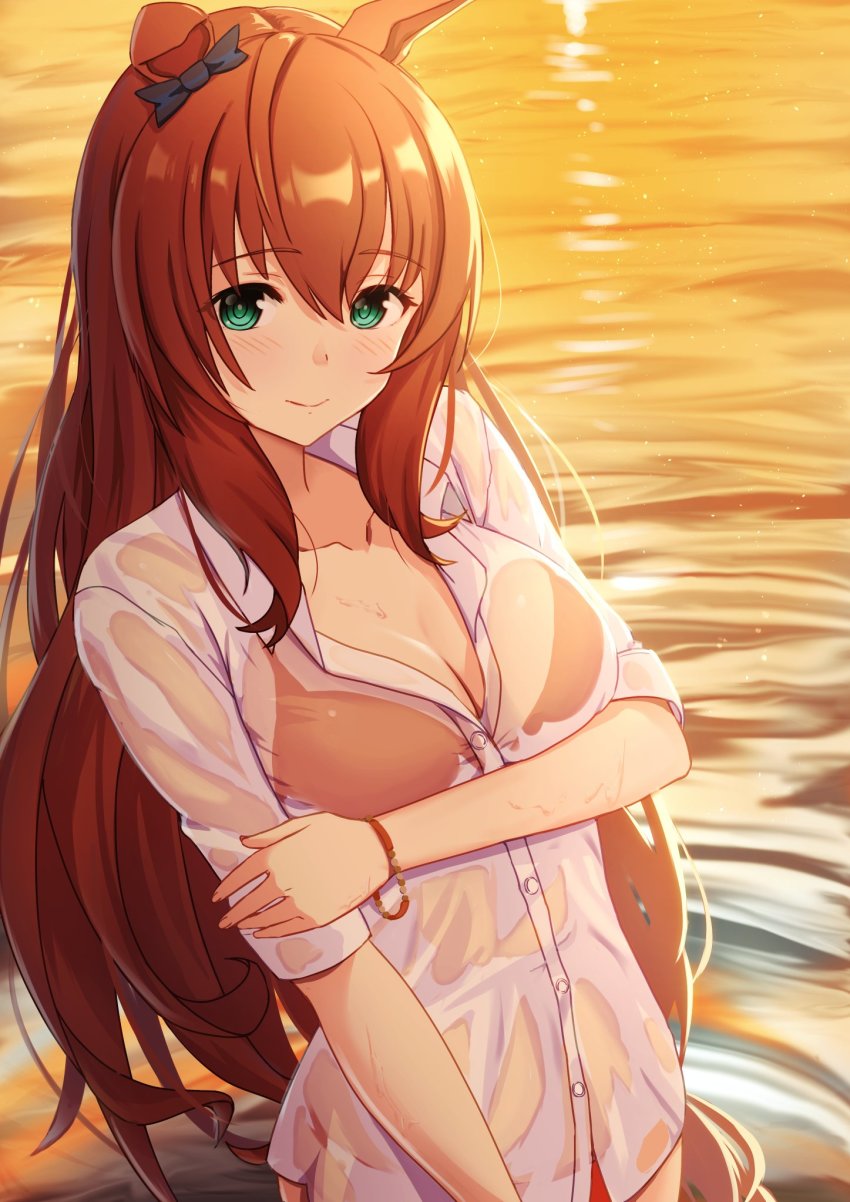 1girl, animal_ears, bikini, bikini_under_clothes, blush, bow, bracelet, breasts, brown_hair, cleavage, closed_mouth, collarbone, ear_bow, green_eyes, highres, hand_on_own_arm, horse_ears, horse_girl, jewelry, long_hair, looking_at_viewer, magata001, maruzensky_(umamusume), medium_breasts, partially_submerged, red_bikini, ripples, see-through_clothes, see-through_shirt, shirt, sleeves_rolled_up, smile, solo, swimsuit, umamusume, upper_body, water, wet, wet_clothes, wet_shirt, white_shirt