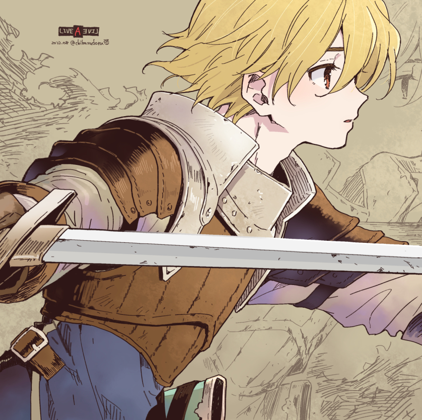1boy, armor, blonde_hair, blue_shirt, brown_gloves, chiba_sadoru, dated, fighting_stance