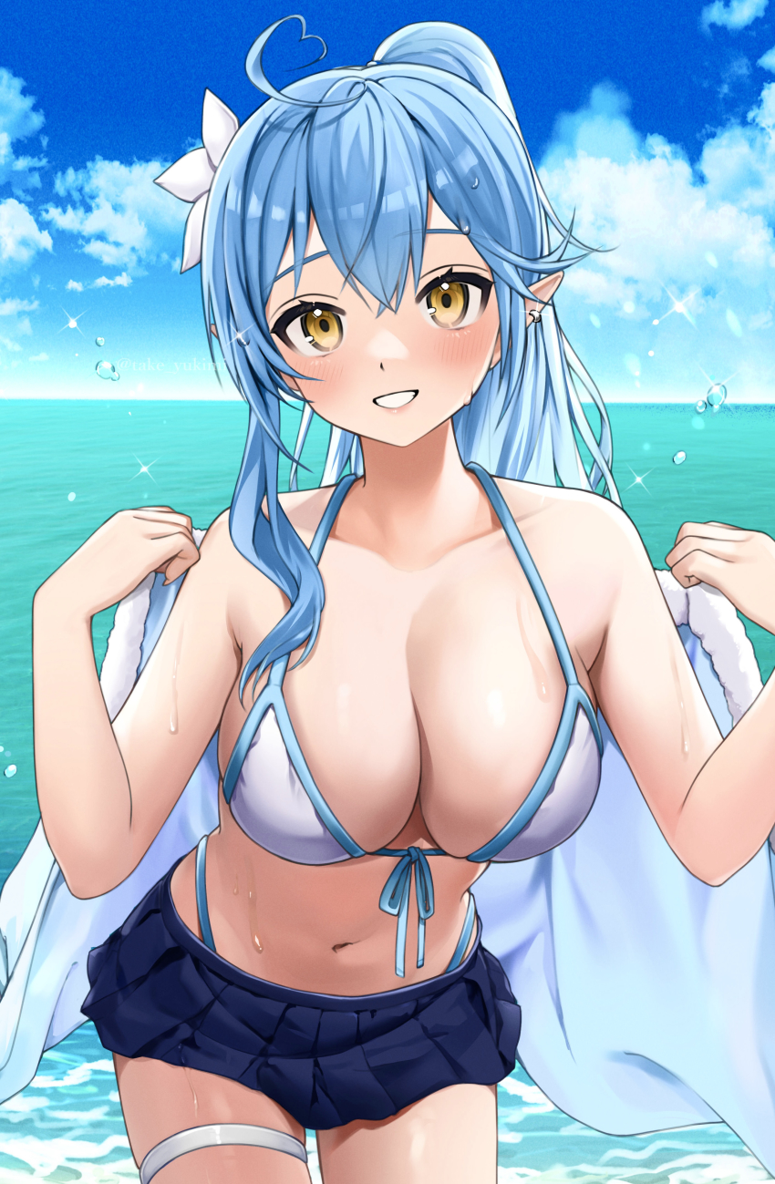 1girl, absurdres, ahoge, bikini, blue_hair, blue_sky, blush, breasts