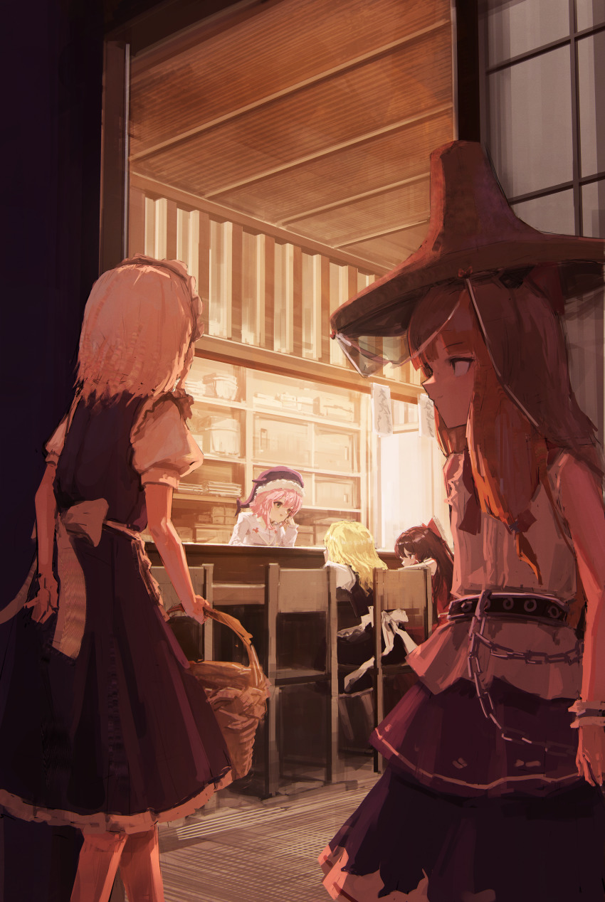 5girls, absurdres, apron, basket, belt, blue_dress, chain, chair