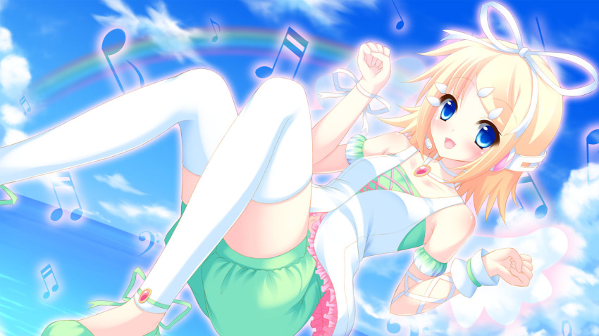 :d, akarin_(sakuraakarin), anklet, arm_ribbon, armband, arms_up, blonde_hair, blue_eyes, blue_sky, bow, breasts, child, choker, cloud, cloudy_sky, cute_(module), day, gem, green_ribbon, green_shirt, green_shorts, hair_bow, hair_ornament, hair_ribbon, hairclip, headphones, highres, jewelry, kagamine_rin, knees_up, looking_at_viewer, musical_note, necklace, ocean, open_mouth, outline, pink_outline, pink_ribbon, project_diva_(series), puffy_shorts, rainbow, ribbon, shirt, short_hair, shorts, sky, small_breasts, smile, solo, thighhighs, vest, white_bow, white_headwear, white_ribbon, white_vest, white_wings, wings, wrist_cuffs, zettai_ryouiki