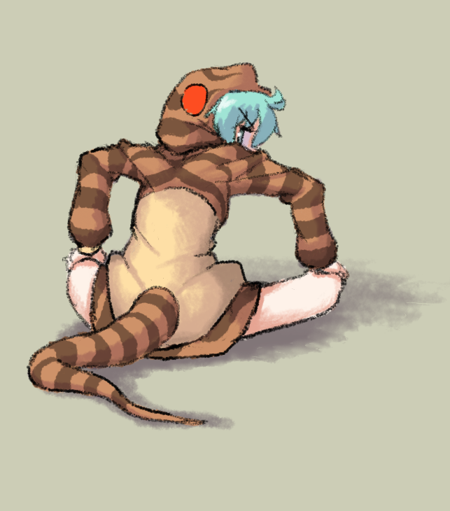 1girl, bare_legs, blue_eyes, blue_hair, crossed_legs, hands_on_own_knees, hood, hood_up, hoodie, kemono_friends, long_sleeves, looking_at_viewer, looking_back, makimaki_ii, print_hoodie, short_hair, sitting, snake_print, snake_tail, solo, tail, tsuchinoko_(kemono_friends)