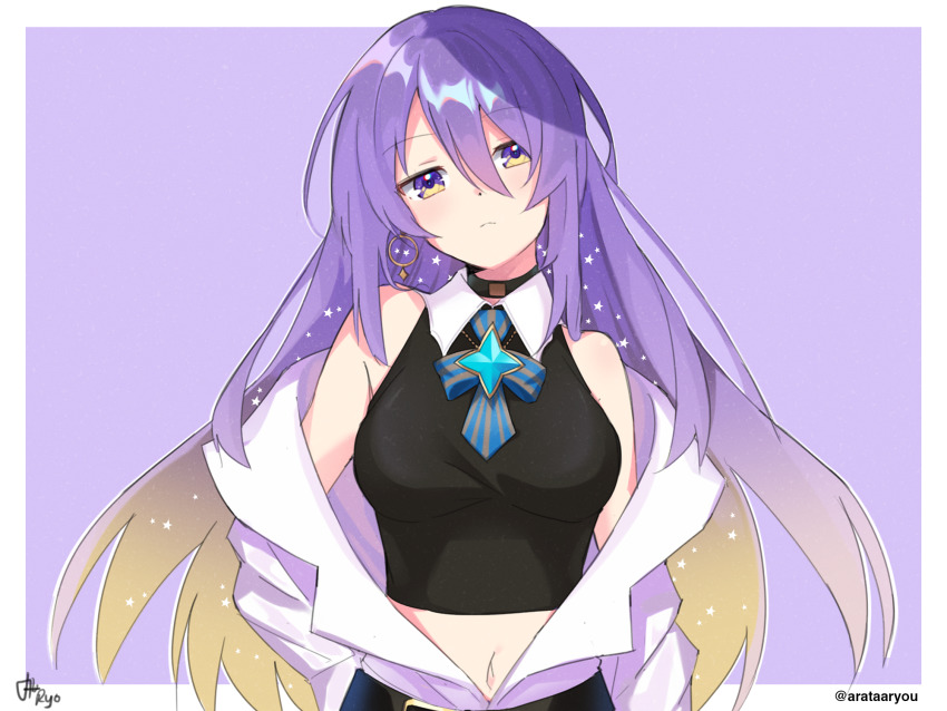 1girl, arata_ryou, black_choker, black_shirt, breasts, brooch, choker, collared_shirt, earrings, framed, framed_image, frown, hair_between_eyes, highres, hololive, hololive_indonesia, hoop_earrings, jacket, jewelry, light_blush, long_hair, long_sleeves, looking_at_viewer, medium_breasts, moona_hoshinova, multicolored_hair, navel, purple_background, purple_eyes, shirt, signature, simple_background, sleeveless, sleeveless_shirt, solo, star_(symbol), twitter_username, two-tone_hair, upper_body, virtual_youtuber