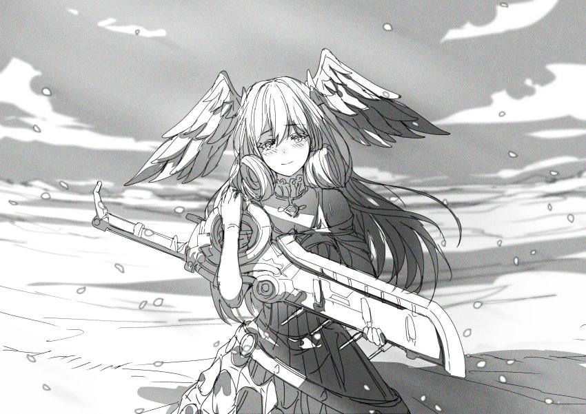 1girl, absurdres, curly_hair, dress, head_wings, highres, holding, holding_sword
