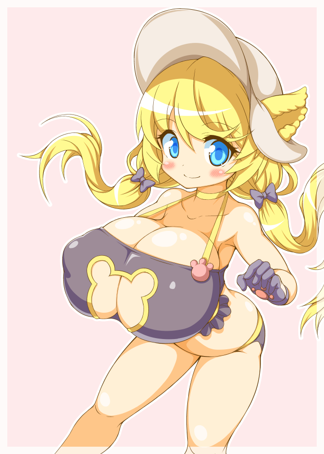 1girl, animal_ears, armpits, blonde_hair, blue_eyes, breasts, cleavage, gloves, huge_breasts, long_hair, miyata_gakuman, oppai_loli, original, pink_background, ribbon, smile, solo, thighhighs, thighs, twintails