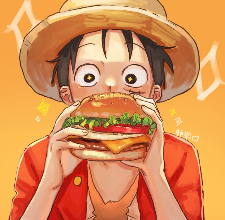 +_+, 1boy, beef, black_hair, bread_bun, burger, cheese, commentary