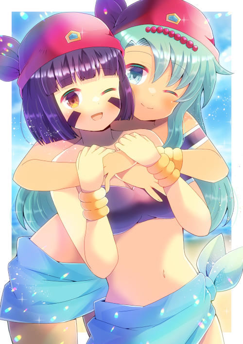 2girls, ;), ;d, bandana, bare_arms, bare_shoulders, bikini, black_bikini