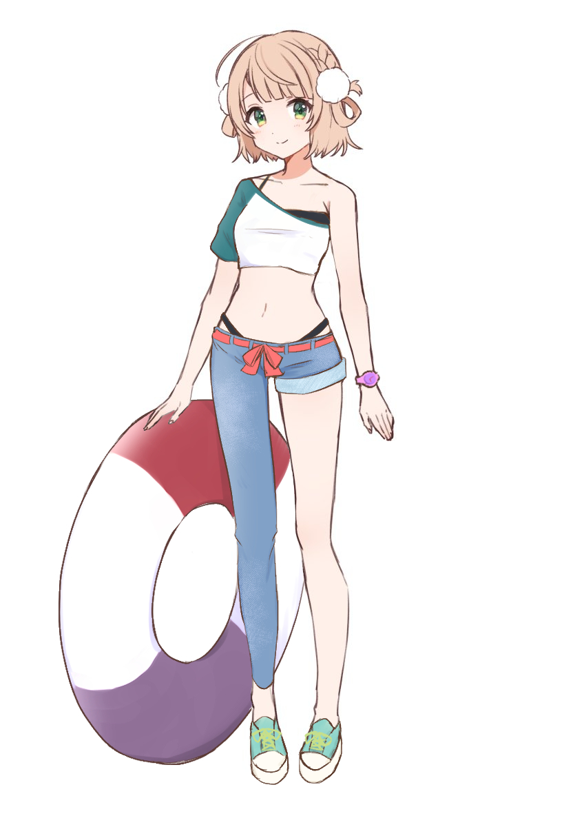 1girl, asymmetrical_clothes, bare_shoulders, bikini, bikini_under_clothes, black_bikini, blonde_hair, blue_pants, blue_shoes, braid, closed_mouth, collarbone, commentary_request, full_body, green_eyes, highleg, highleg_bikini, highres, indie_virtual_youtuber, kujou_karasuma, lifebuoy, looking_at_viewer, navel, pants, ribbon-trimmed_pants, ribbon_trim, shigure_ui_(vtuber), shirt, shoes, short_hair, short_sleeves, simple_background, single_pantsleg, single_sleeve, smile, solo, standing, swim_ring, swimsuit, virtual_youtuber, white_background, white_shirt