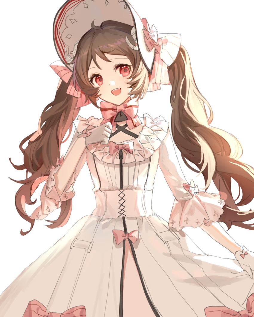 1girl, :d, absurdres, ambience_synesthesia, arknights, backlighting, bonnet, bow