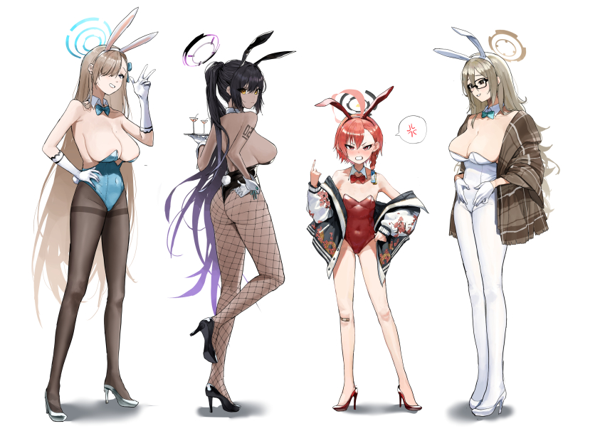 4girls, ahoge, akane_(blue_archive), akane_(bunny)_(blue_archive), anger_vein, animal_ears, ass, asuna_(blue_archive), asuna_(bunny)_(blue_archive), bare_legs, bare_shoulders, black_bow, black_hair, black_leotard, blue_archive, blue_bow, blue_eyes, blue_hairband, blue_leotard, blunt_bangs, blush, bow, bowtie, breasts, brown_eyes, brown_hair, card, cleavage, clothing_cutout, covered_navel, cup, dark-skinned_female, dark_skin, detached_collar, fake_animal_ears, fake_tail, fishnets, glasses, gloves, hair_between_eyes, hair_ornament, hair_over_one_eye, hairband, halo, high_heels, highleg, highleg_leotard, highres, jacket, karin_(blue_archive), karin_(bunny)_(blue_archive), kosubi_(tsuneta328), large_breasts, leotard, long_hair, looking_at_viewer, mole, mole_on_breast, mole_under_eye, multiple_girls, neru_(blue_archive), neru_(bunny)_(blue_archive), open_mouth, pantyhose, pink_leotard, playboy_bunny, ponytail, purple_leotard, rabbit_ears, rabbit_hair_ornament, rabbit_tail, red_bow, red_bowtie, red_eyes, red_hair, red_leotard, simple_background, smile, standing, standing_on_one_leg, strapless, strapless_leotard, tail, tattoo, traditional_bowtie, tray, white_background, white_gloves, white_leotard, wrist_cuffs, yellow_eyes