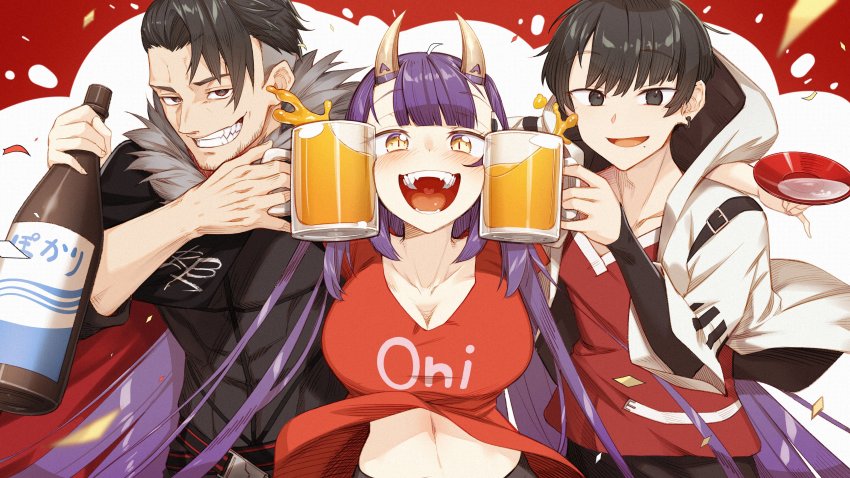 1girl, 2boys, absurdres, beer_mug, black_hair, blunt_bangs, blush, bottle