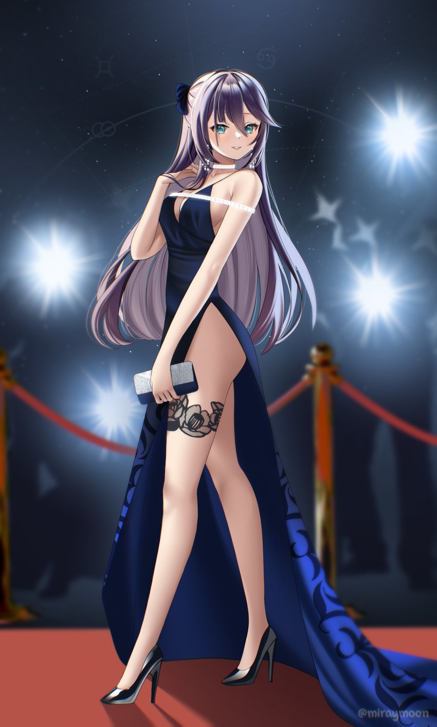 1girl, absurdres, artist_name, ass, bare_arms, bare_shoulders, black_footwear, blue_dress, bottomless, breasts, cleavage, collarbone, commentary, dot_nose, dress, earrings, english_commentary, full_body, genshin_impact, green_eyes, grin, hair_between_eyes, hair_down, hair_ornament, highleg, highres, holding, jewelry, legs_apart, light_particles, long_dress, long_hair, medium_breasts, miraymoon, mona_(genshin_impact), no_bra, open_mouth, red_carpet, silhouette, smile, solo_focus, sparkle, spotlight, standing, thighs