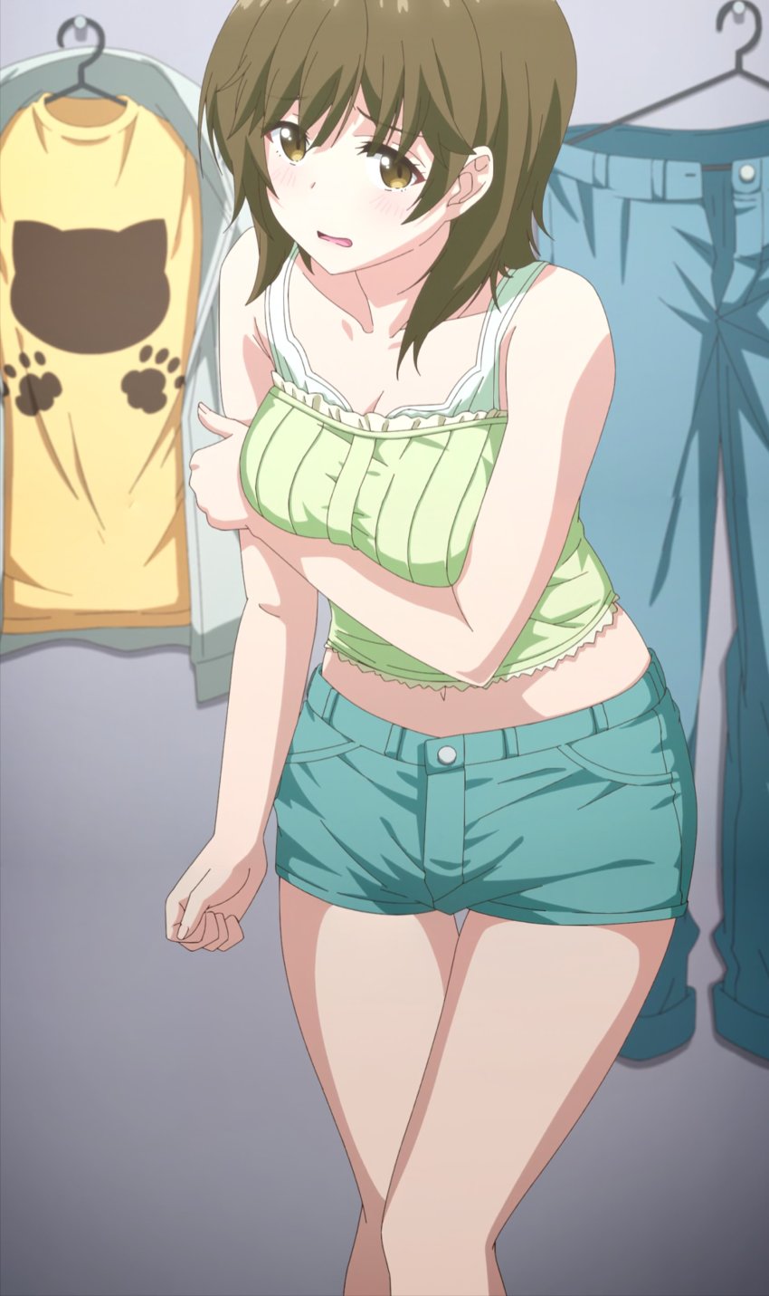 1girl, absurdres, anime_screenshot, arm_under_breasts, blush, breasts, changing_clothes, cleavage