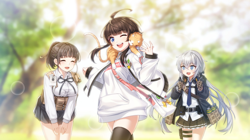 3girls, absurdres, ahoge, belt, blue_eyes, blunt_bangs, brown_hair, cat, cho_hojin, counter:side, gloves, hair_ornament, hairclip, han_sorim, highres, holster, long_hair, multiple_girls, necktie, official_art, ponytail, skirt, sparkling_eyes, thigh_holster, thighhighs, utility_belt, white_hair, yang_harim
