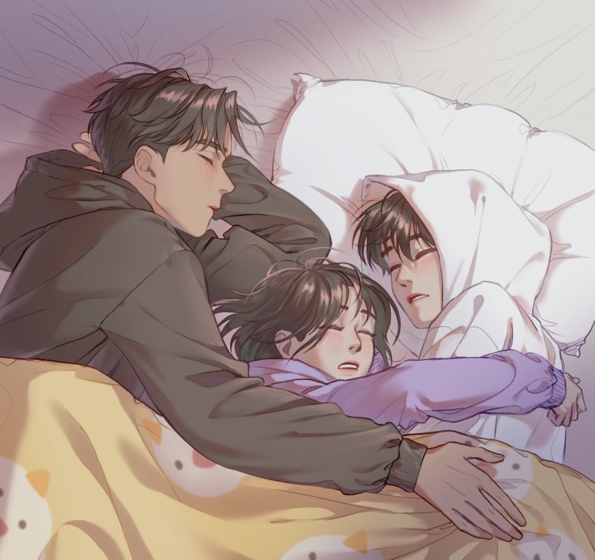 1girl, 2boys, bed_sheet, black_hair, black_hoodie, closed_eyes, cuddling, guding_nut, highres, hood, hood_up, hoodie, hug, korean_commentary, long_hair, lying, multiple_boys, omniscient_reader's_viewpoint, on_side, parted_lips, pillow, purple_hoodie, short_hair, sleeping, teeth, white_hoodie, yoo_joonghyuk