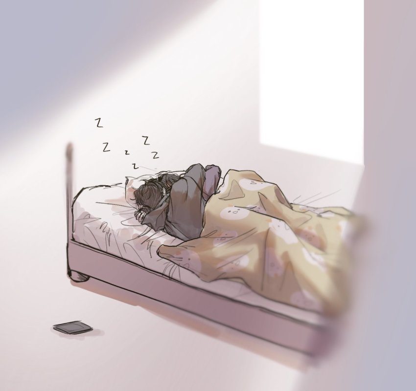 1girl, 2boys, bed, bed_sheet, black_hair, black_hoodie, cellphone, cuddling, guding_nut, han_sooyoung, highres, hood, hoodie, hug, kim_dokja, korean_commentary, lying, multiple_boys, omniscient_reader's_viewpoint, on_side, phone, pillow, purple_hoodie, sleeping, yoo_joonghyuk, zzz
