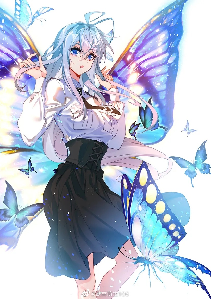 1girl, ahoge, bare_legs, black_skirt, bug, butterfly, butterfly_wings, cover