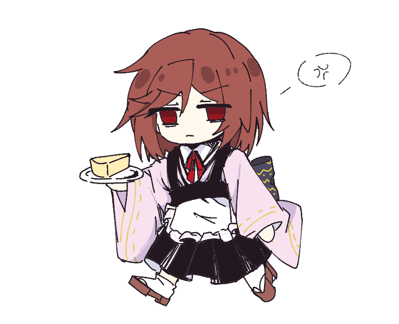 1boy, anger_vein, apron, brown_hair, chibi, chinese_commentary, closed_mouth, collared_shirt