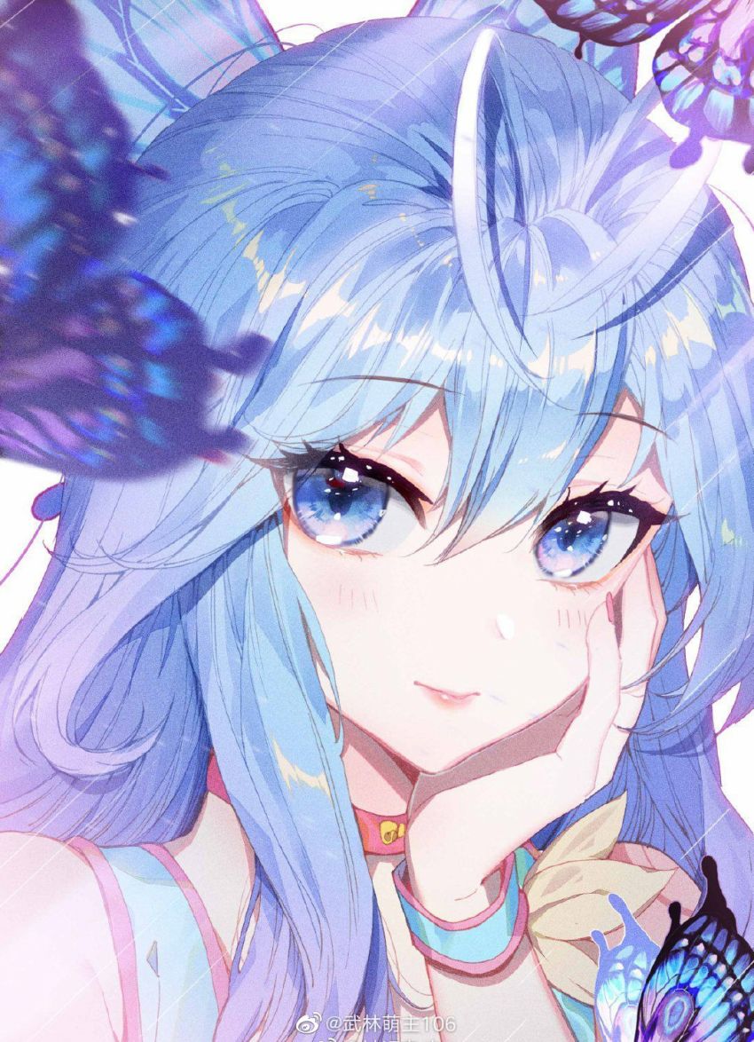 1girl, blush, bug, butterfly, choker, closed_mouth, cover, cover_page