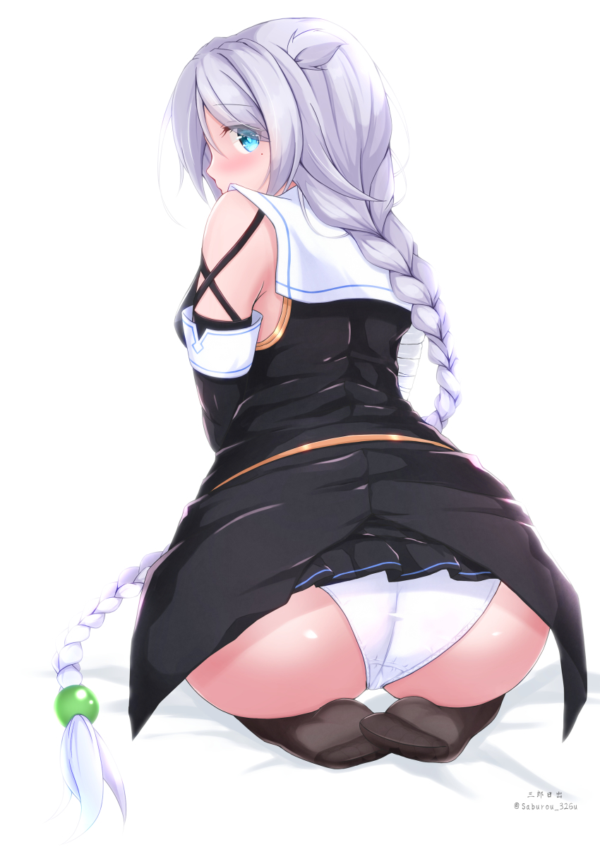 1girl, absurdres, ass, black_gloves, black_skirt, blue_eyes, blush, braid, elbow_gloves, gloves, hair_flaps, hair_ornament, highres, kantai_collection, long_hair, looking_at_viewer, looking_back, mole, mole_under_eye, no_shoes, panties, pantyshot, saburou_hiji, school_uniform, seiza, serafuku, single_braid, sitting, skirt, sleeveless, twitter_username, umikaze_(kancolle), underwear, very_long_hair, white_background, white_panties
