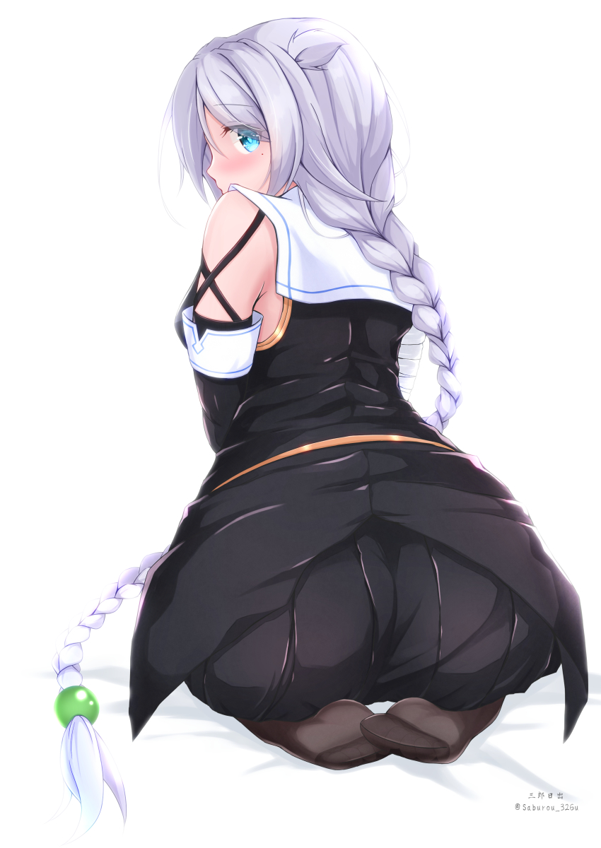 1girl, absurdres, ass, black_gloves, black_skirt, blue_eyes, blush, braid