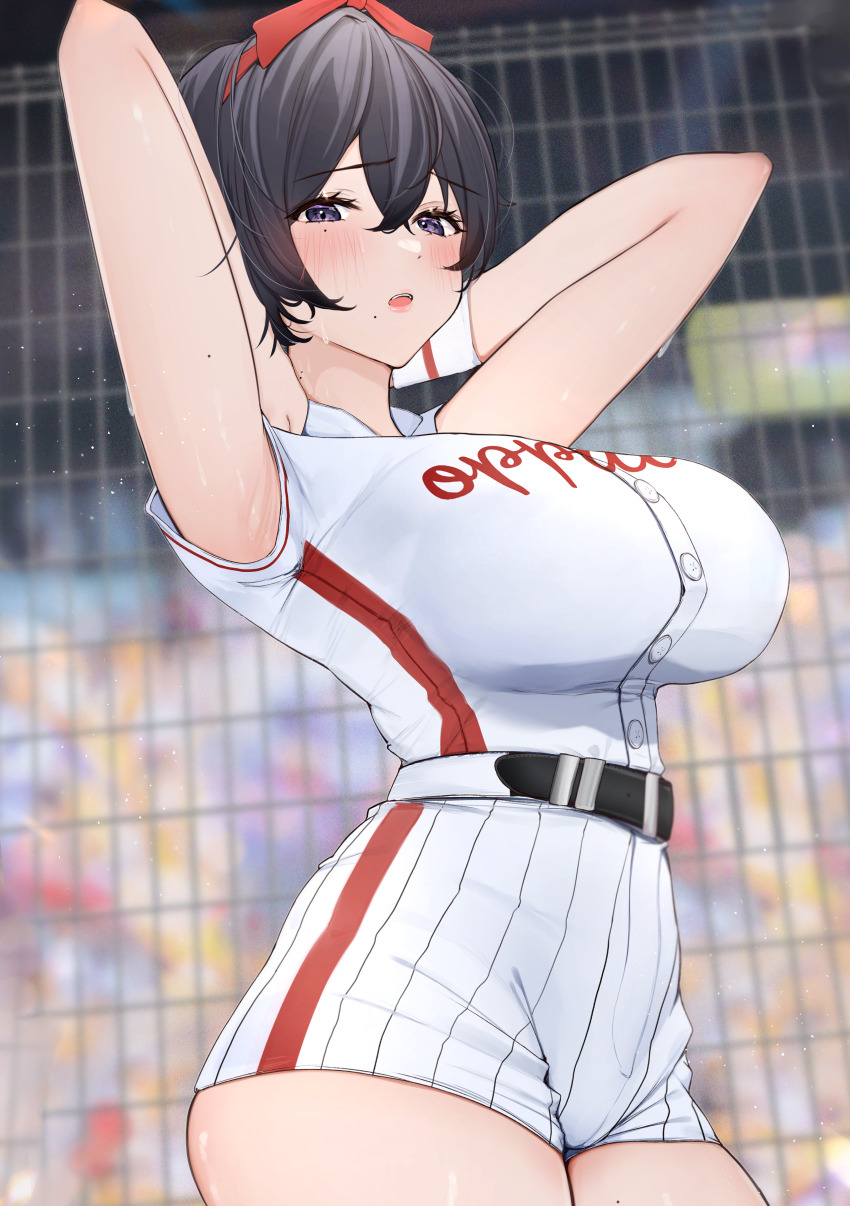 1girl, :o, absurdres, armpits, arms_behind_head, arms_up, baseball_stadium, baseball_uniform, black_hair, blurry, blurry_background, blush, bow, breasts, collared_shirt, cowboy_shot, crossed_bangs, curvy, hair_between_eyes, hair_bow, highres, large_breasts, looking_at_viewer, mole, mole_on_arm, mole_on_neck, mole_on_thigh, mole_under_eye, mole_under_mouth, oji_fuguri, open_mouth, original, pinstripe_shorts, purple_eyes, shirt, shirt_tucked_in, short_hair, short_shorts, shorts, solo, sportswear, thick_thighs, thighs