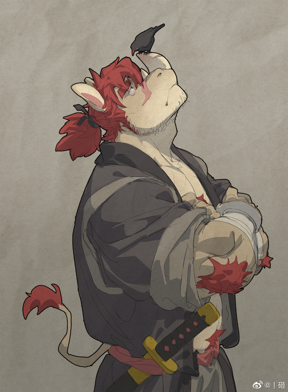 1boy, animal, animal_on_head, arm_hair, bara, beard, bird, bird_on_head, black_kimono, chest_hair, cowboy_shot, crossed_arms, facial_hair, from_side, furry, furry_male, highres, japanese_clothes, kimono, looking_up, male_focus, mature_male, medium_hair, muscular, muscular_male, on_head, open_clothes, open_kimono, original, pectoral_cleavage, pectorals, ponytail, red_hair, rhino_boy, rhino_ears, rhino_tail, rollingstonex6, scar, scar_on_face, scar_on_nose, sheath, sheathed, solo, stubble, tail_raised, thick_eyebrows