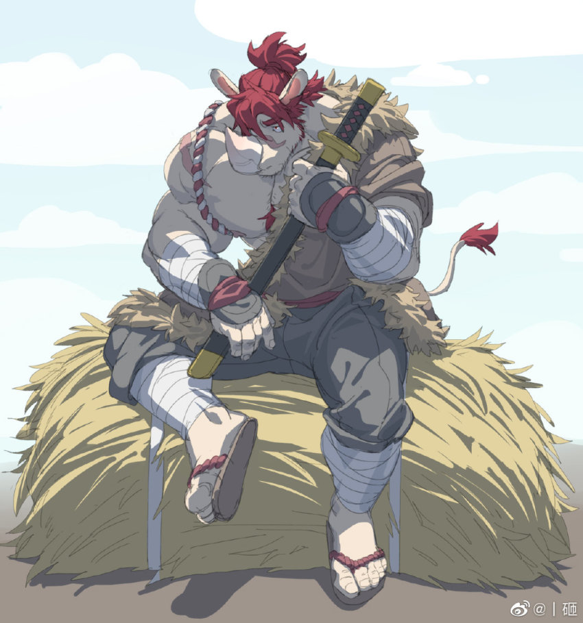 1boy, arm_hair, bandaged_arm, bandaged_leg, bandages, bara, bare_pectorals, beard