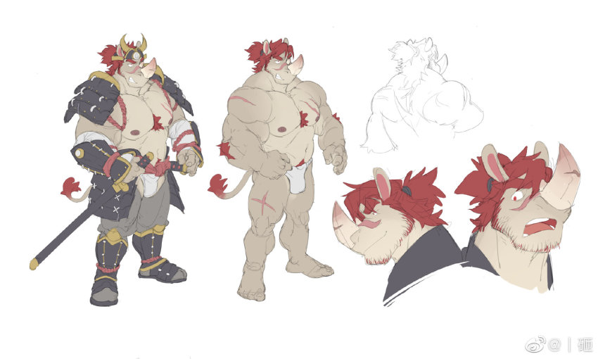 1boy, abs, arm_hair, armor, bara, beard, bulge, chest_hair, collage, costume_request, cropped_shoulders, cross_scar, facial_hair, full_body, fundoshi, furry, furry_male, highres, japanese_armor, japanese_clothes, large_pectorals, male_focus, male_underwear, mature_male, medium_hair, muscular, muscular_male, navel, navel_hair, nipples, open_mouth, original, pectorals, ponytail, red_hair, rhino_boy, rhino_ears, rhino_tail, rollingstonex6, scar, scar_on_chest, scar_on_face, scar_on_nose, sheath, sheathed, sideburns, stomach, stubble, sword, thick_thighs, thighs, topless_male, underwear, weapon, white_male_underwear