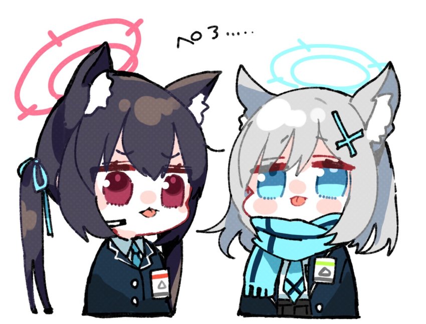 2girls, animal_ear_fluff, animal_ears, black_hair, black_jacket, blue_archive, blue_eyes, blue_scarf, cat_ears, chibi, cross_hair_ornament, hair_ornament, hairclip, halo, jacket, long_hair, mismatched_pupils, multiple_girls, open_mouth, red_eyes, scarf, sena_yuuta, serika_(blue_archive), shiroko_(blue_archive), simple_background, tongue, tongue_out, upper_body, white_background