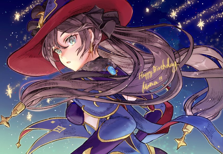 1girl, aqua_eyes, black_gloves, blue_hat, blue_leotard, cape, earrings, english_text, fur_trim, genshin_impact, gloves, hair_ornament, happy_birthday, hat, highres, jewelry, leotard, long_hair, long_sleeves, milly_(illst), mona_(genshin_impact), night, open_mouth, purple_hair, sky, solo, star_(sky), star_(symbol), star_earrings, star_hair_ornament, twintails, vision_(genshin_impact), witch_hat