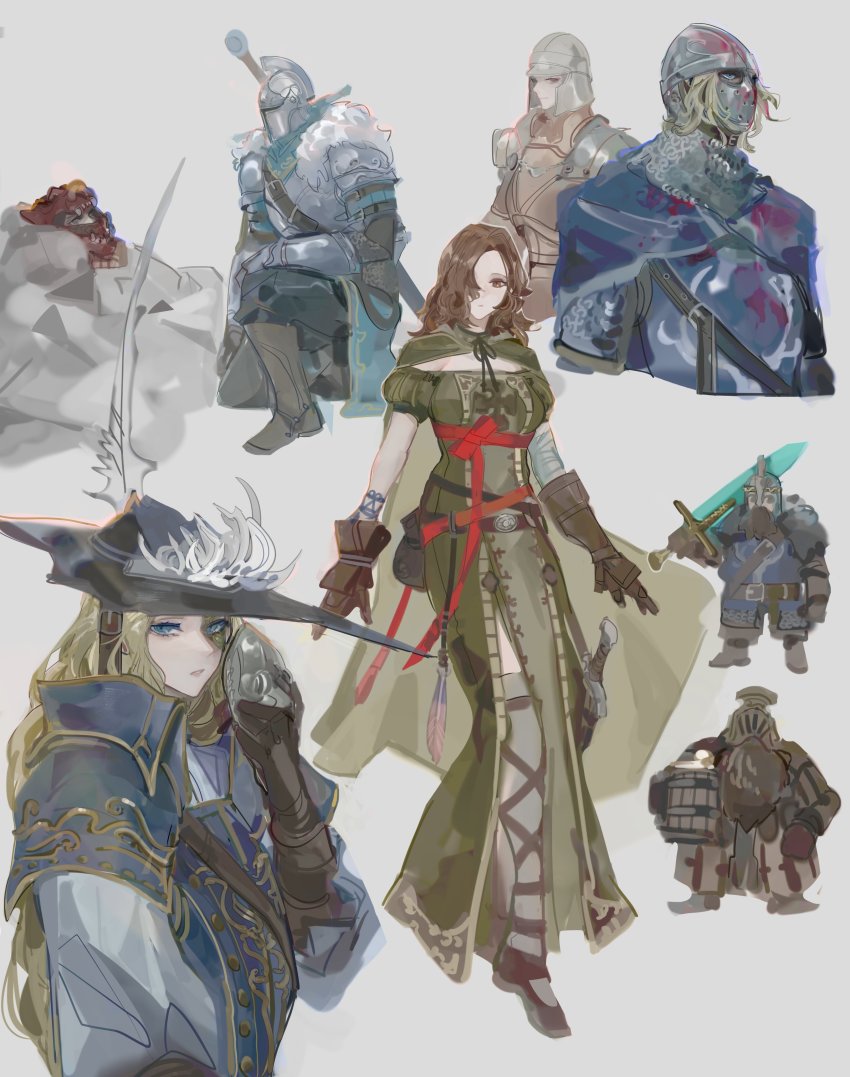 1other, 2girls, 4boys, absurdres, ambiguous_gender, armor, beard, bearer_of_the_curse, black_headwear, blue_cape, boots, breastplate, breasts, brown_cape, brown_eyes, brown_footwear, brown_gloves, brown_hair, cape, character_request, creighton_of_mirrah, dark_souls_(series), dark_souls_ii, emerald_herald, facial_hair, fromsoftware, full_armor, full_body, fur_trim, gauntlets, gloves, greatsword, green_cape, grey_background, hair_over_one_eye, helm, helmet, highres, holding, holding_sword, holding_weapon, knee_boots, large_breasts, long_hair, lucatiel_of_mirrah, lying, mask, multiple_boys, multiple_girls, nslacka, on_back, on_one_knee, pate_(dark_souls_ii), shoulder_plates, simple_background, sword, two-sided_cape, two-sided_fabric, unworn_mask, weapon