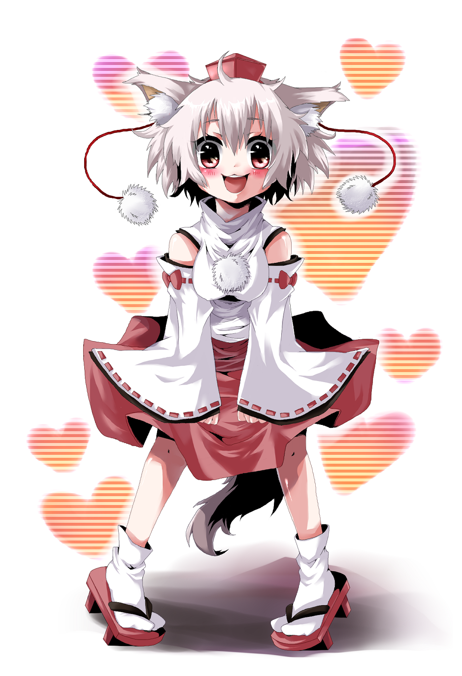 1girl, animal_ears, blush, detached_sleeves, female_focus, geta, happy, hat