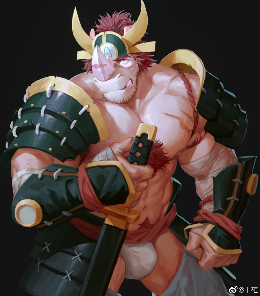 1boy, armor, bandaged_arm, bandages, bara, bare_pectorals, beard, bulge, chest_hair, clothing_cutout, crotchless, crotchless_pants, facial_hair, fake_horns, feet_out_of_frame, full_body, fundoshi, furry, furry_male, grey_pants, hay, highres, holding, holding_weapon, horned_headwear, horns, japanese_armor, japanese_clothes, large_pectorals, looking_to_the_side, male_focus, mature_male, medium_hair, muscular, muscular_male, original, pants, pauldrons, pectorals, red_hair, rhino_boy, rhino_ears, rollingstonex6, running, samurai, scar, scar_on_chest, scar_on_face, scar_on_nose, sheath, sheathed, shoulder_armor, solo, standing, stubble, sword, thick_eyebrows, thigh_cutout, weapon