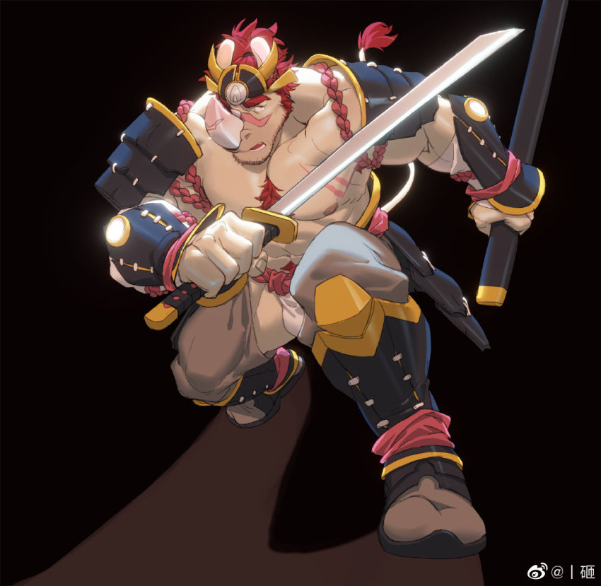 1boy, armor, bara, bare_pectorals, beard, bulge, chest_hair, crotchless