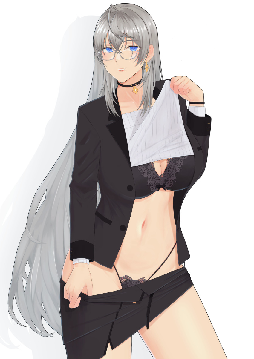 1girl, absurdres, bitter_(38399521), black_bra, black_choker, black_jacket, black_panties, black_skirt, blue_eyes, blush, bra, breasts, business_suit, choker, cleavage, clothes_lift, clothes_pull, commission, earrings, feet_out_of_frame, formal_clothes, fx-05_(girls'_frontline), fx-05_(soaring_to_the_clouds)_(girls'_frontline), girls'_frontline, glasses, grey_hair, highres, jacket, jewelry, long_hair, long_sleeves, looking_at_viewer, medium_breasts, navel, office_lady, official_alternate_costume, open_clothes, open_jacket, open_mouth, panties, parted_lips, pixiv_commission, shadow, shirt, shirt_lift, skirt, skirt_pull, smile, solo, standing, suit, thong, underwear, white_background, white_shirt