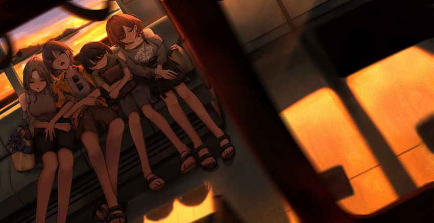 4girls, absurdres, arm_hug, asakura_toru, blurry, blurry_foreground, depth_of_field, eyewear_hang