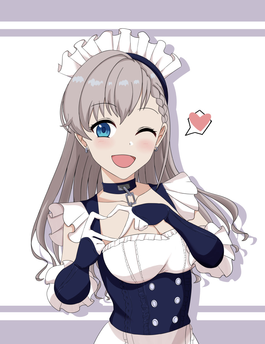 1girl, absurdres, azur_lane, belfast_(azur_lane), belfast_(azur_lane)_(cosplay), cosplay, head_dress, heart_hand, highres, hisakawa_hayate, idolmaster, idolmaster_cinderella_girls, look-alike, maid, white_hair