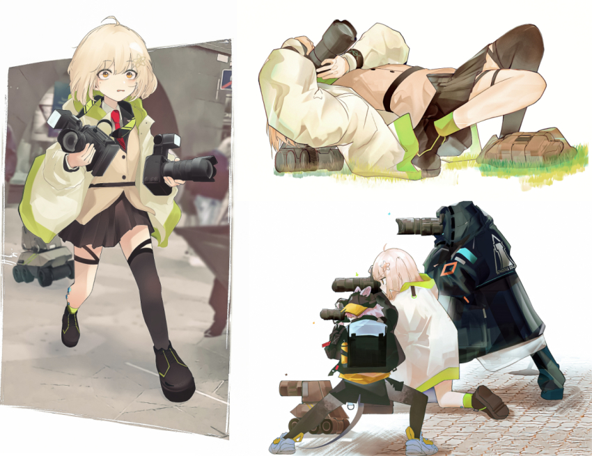 1boy, 2girls, arknights, asymmetrical_legwear, bag, blonde_hair, buttons, camera, click_(arknights), coat, collared_shirt, doctor_(arknights), grass, hair_ornament, holding, holding_camera, knee_up, leaning_back, lens_(arknights), multiple_girls, multiple_views, necktie, on_one_knee, photo-referenced, photographer, red_necktie, rhodes_island_logo_(arknights), runamonet, running, scene_(arknights), shirt, shoes, shorts, side_ponytail, skirt, star_(symbol), taking_picture, white_shirt