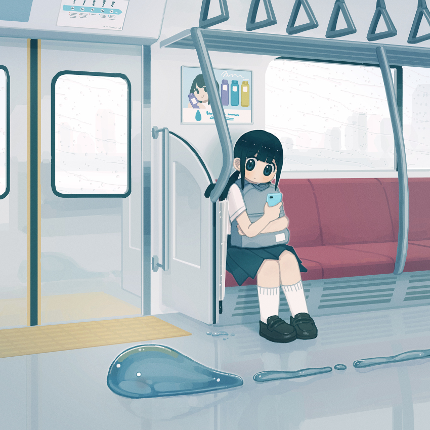 1girl, backpack, bag, black_hair, black_shoes, blue_eyes, blue_skirt, cellphone