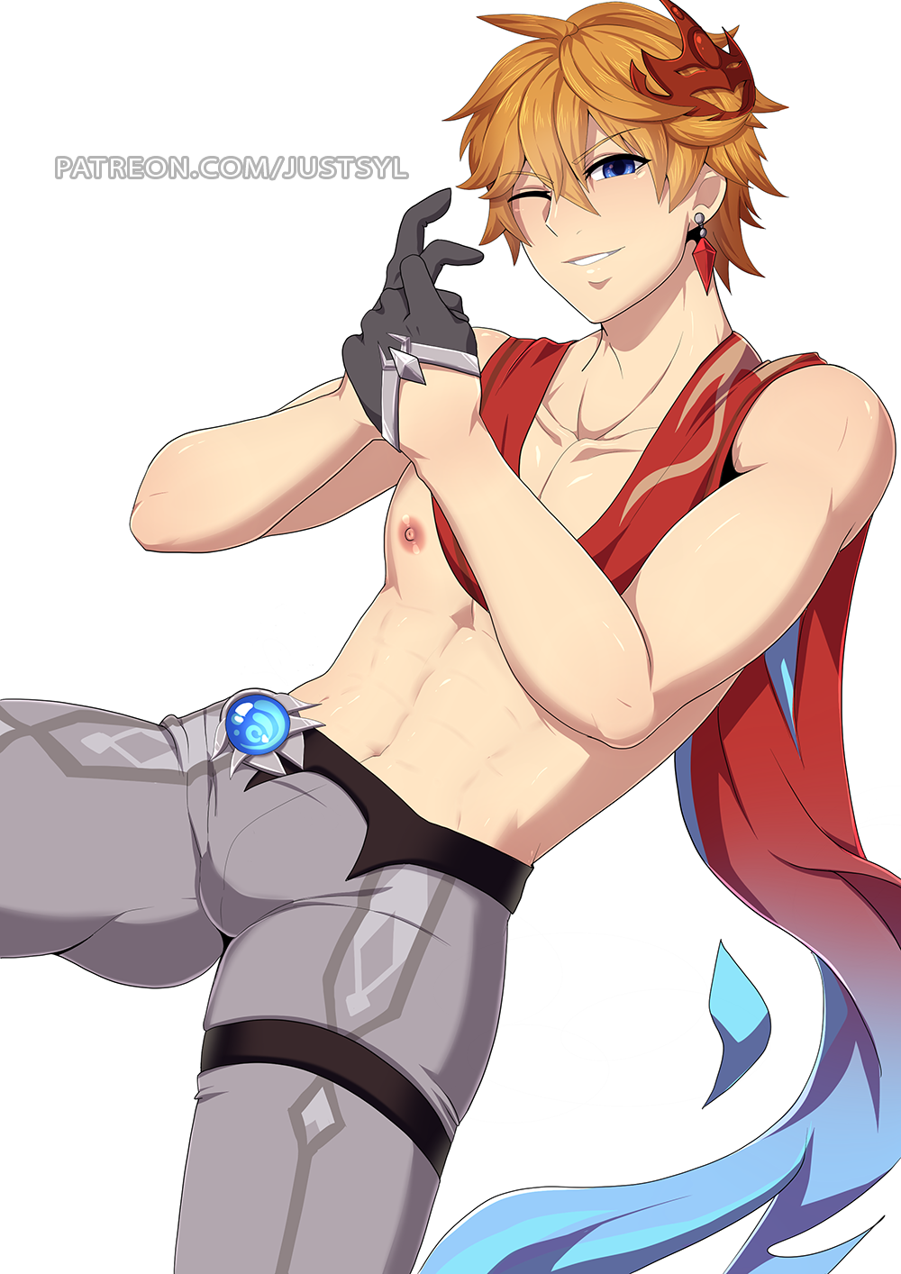 1boy, black_gloves, blue_eyes, bulge, commentary, earrings, english_commentary, genshin_impact