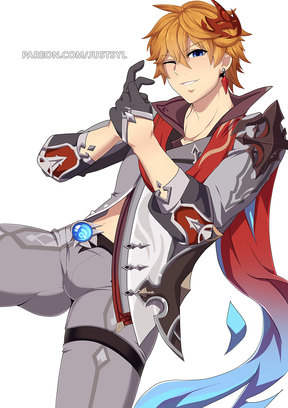 1boy, black_gloves, blue_eyes, bulge, commentary, earrings, english_commentary, genshin_impact