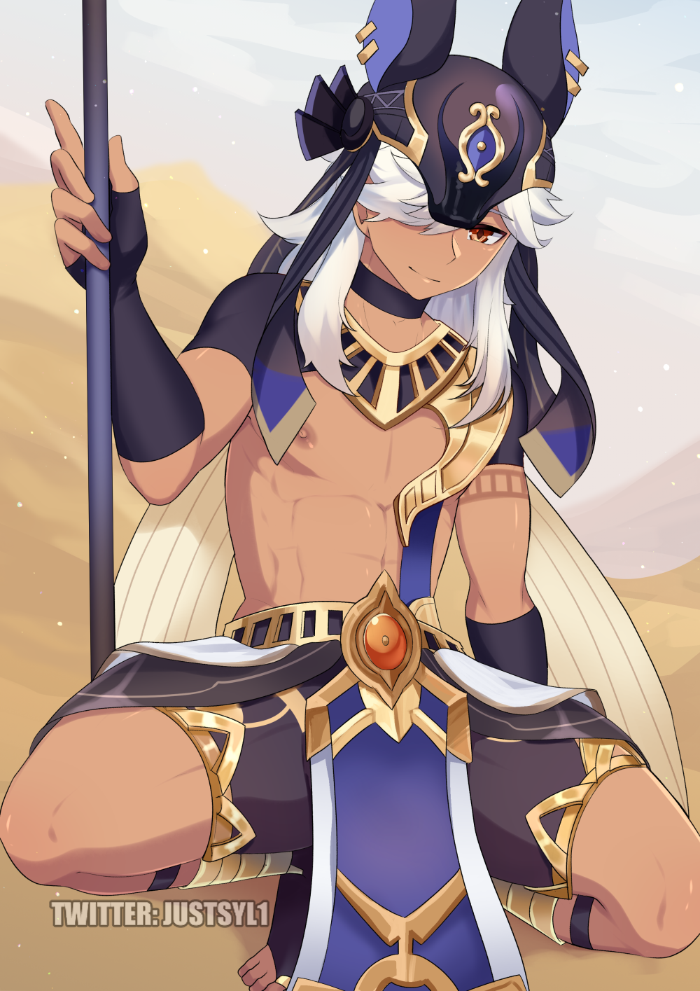 1boy, animal_ears, animal_hood, arabian_clothes, black_gloves, cape, commentary, cyno_(genshin_impact)