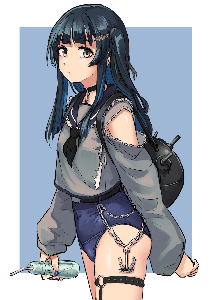 1girl, absurdres, bare_legs, black_eyes, black_hair, blue_background, blue_nails, blue_one-piece_swimsuit