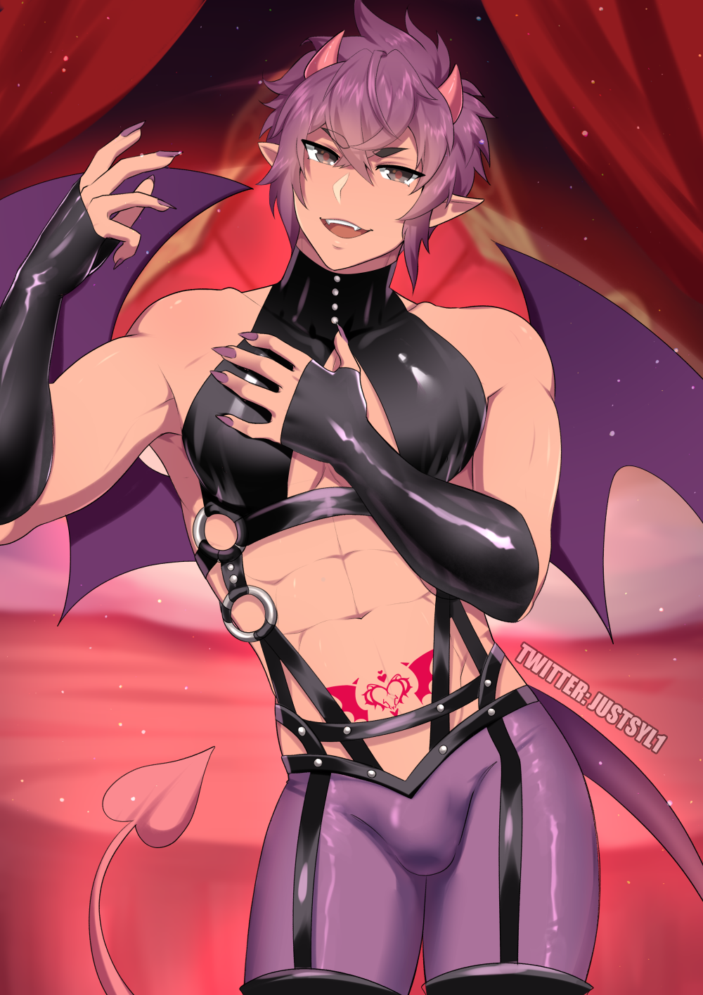 1boy, abs, armpits, bat_wings, bed, bulge, cleavage_cutout, clothing_cutout, commentary, cowboy_shot, demon_boy, demon_horns, demon_tail, english_commentary, fingernails, gloves, highres, horns, justsyl, latex, latex_gloves, latex_top, looking_at_viewer, male_focus, morvay_(nu_carnival), muscular, muscular_male, nail_polish, nu_carnival, open_mouth, paid_reward_available, pectoral_cleavage, pectorals, pointy_ears, purple_eyes, purple_hair, purple_nails, sharp_fingernails, solo, stomach_tattoo, tail, tattoo, toned, toned_male, twitter_username, wings