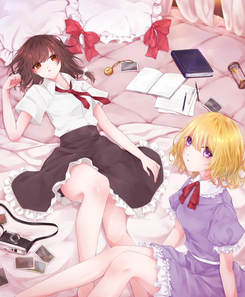 2girls, absurdres, ascot, bed, black_skirt, blonde_hair, book, bow