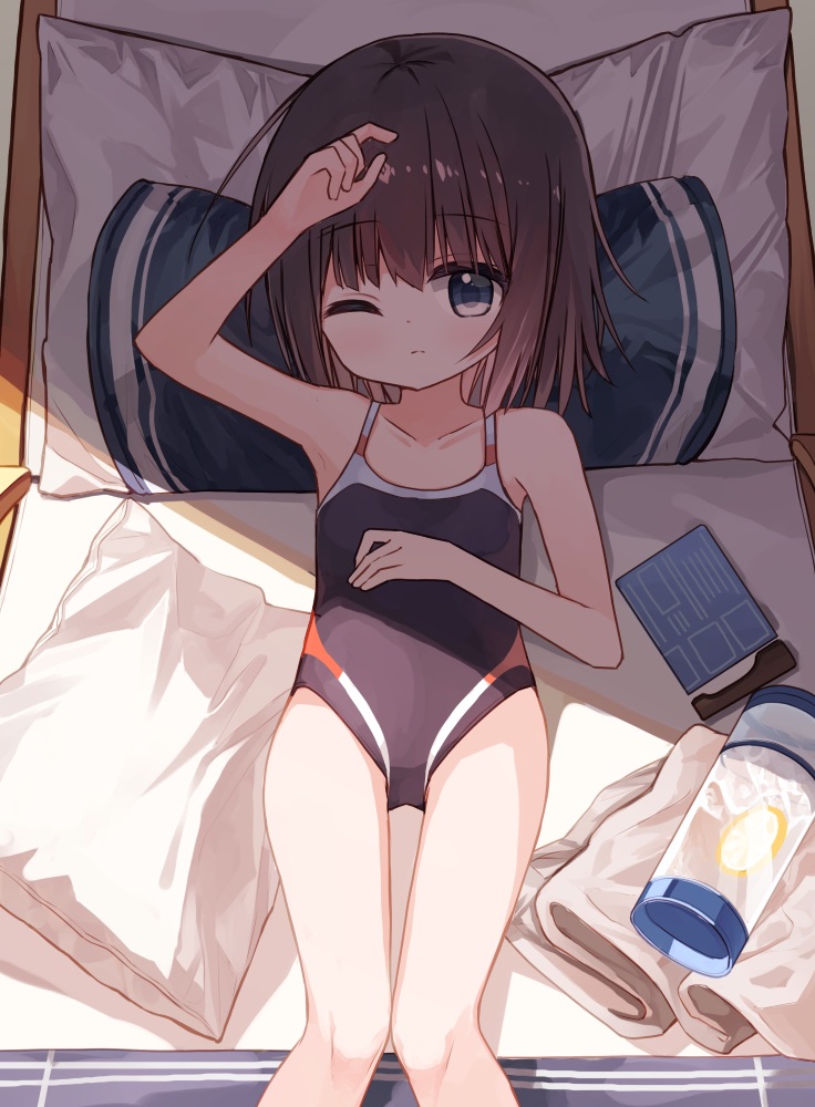 1girl, arm_up, bare_arms, bare_shoulders, black_hair, black_one-piece_swimsuit, blue_eyes, blush